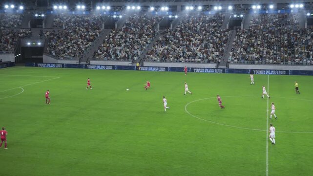 Soccer Football Championship: Red Team Forward Attacks, Scores a Winning Goal. Happy Players Celebrate Victory, Win Major League Cup. Sport Channel Live Television Broadcast. Playback for TV Screen