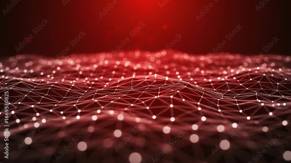 Aufkleber abstract red digital network pattern with glowing nodes and lines creating a wavelike structure