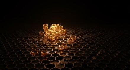 Glowing amber cubes scattered across a dark honeycomb surface.  A captivating image of abstract design and technology.