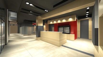 Interior view of a modern cafe with light wood counter, black ceiling, and red accent wall