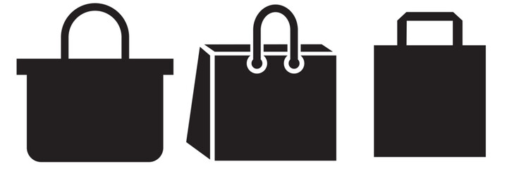Set of shopping bag icons in black silhouette. Three simple black shopping bag icons in different styles, useful for retail, e-commerce, store branding, or packaging design.   Online Shop Symbol. 
