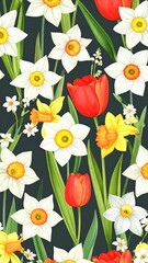 Vertical floral pattern featuring daffodils and tulips on a dark background