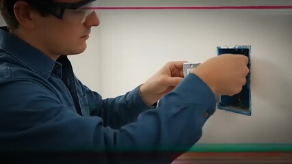 Technician installing electrical wiring in a wall socket, focused on precise connections in a clean environment