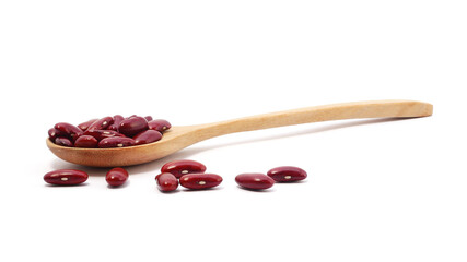 Red kidney beans in wooden scoop isolated on white background