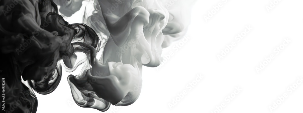 Poster two amorphous clouds of swirling ink, one black and one white, merge and diffuse in a transparent me