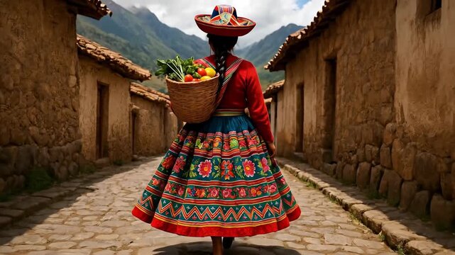 Indigenous Woman in Vibrant Peruvian Pollera Dress Carrying Fresh Produce Basket Through Historic Andean Village Street