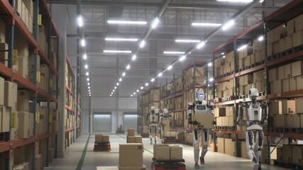 Futuristic Warehouse with Automated AI Humanoid Robots Working Without Human Management or Intervention. Autonomous White Machines Transporting Boxes and Loading Shipping Pallets - Powered by Adobe