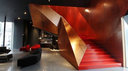 A modern architectural interior with a striking red staircase. Geometric design and seating areas