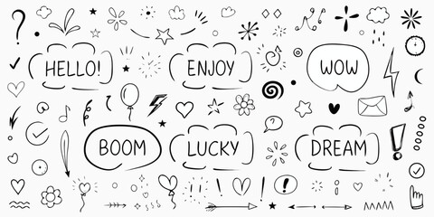 Hand Drawn Doodle Icons With Words And Symbols On White sketch drawing