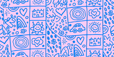 Pink Background with Blue Hand Drawn Doodles of Sun Hearts Rainbows and Houses