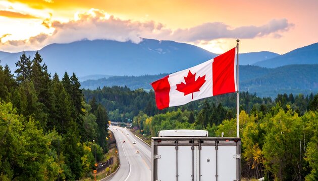 A scenic highway vista showcasing a Canadian flag flying high above a roadway nestled amidst a lush landscape of pine trees at golden hour.
