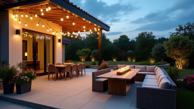 An inviting outdoor patio dining area, featuring string lights, a fire pit, and comfortable seating, bathed in the soft glow of twilight.