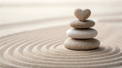 Stone tower with carved heart in rippled sand — symbolizing love and serenity