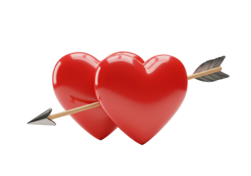 Isolated valentine theme red hearts pierced by arrow, romantic love concept, digital art