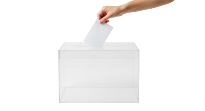 Hand casting a vote into a transparent ballot box  
