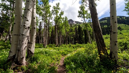 A sun-drenched forest path winds through a stand of towering white birch trees, leading to a backdrop of lush greenery and distant mountains.