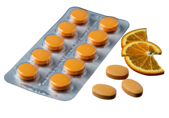 Isolated vitamin C supplements with orange slices and blister pack containing orange pills