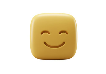 Isolated cheerful yellow icon of 3D happy face in a cube, a rounded square block shape