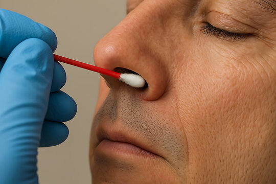 Medical professional performing nasal swab collection using a cotton applicator for diagnostic testing.