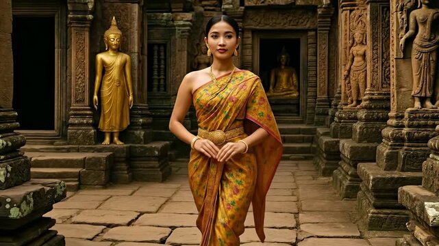 Elegant Thai Woman in Golden Chut Thai Dress at Ancient Temple Ruins, Showcasing Southeast Asian Cultural Heritage