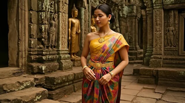 Elegant Cambodian Woman in Traditional Sampot and Sabai Dress at Ancient Khmer Temple, Showcasing Southeast Asian Cultural Heritage and Beauty