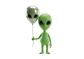 Isolated Green alien holding a balloon in the shape of an alien head, extraterrestrial being
