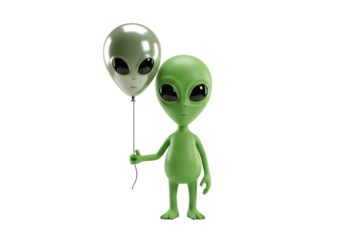Isolated Green alien holding a balloon in the shape of an alien head, extraterrestrial being