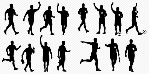 Silhouettes of soccer referees in various poses, including running, signaling with flags and cards, and kicking a ball.