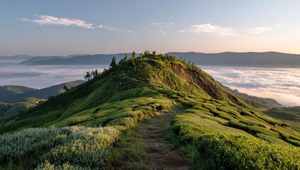 A path winds up a lush, green hill, surrounded by tea plantations and distant mountains veiled in mist under a bright, sunny sky