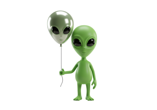 Isolated Green alien holding a balloon in the shape of an alien head, extraterrestrial being