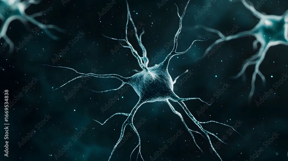 Poster the image features a close-up depiction of neurons, with their distinctive cell bodies and branching