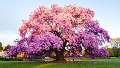 A magnificent, blossoming tree, displaying a stunning gradient of vibrant pink and light peach hues, stands majestically in a serene park setting.