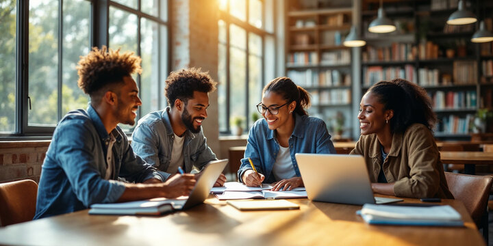 A group of university students study together at a table, sharing laptops, books, and ideas in a bright modern library.