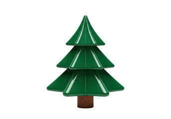 Isolated Festive stylized Christmas tree with brown trunk, green glossy ornaments, festive art
