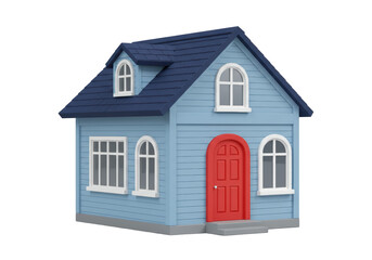 Isolated cute cartoon house with blue siding and red door for advertising and media projects