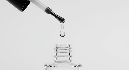 Mockup clear nail polish drop falling from brush into bottle, isolated on white background commercial usage