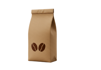 Isolated Kraft coffee bag with coffee beans, brown paper package, retail product shot, natural