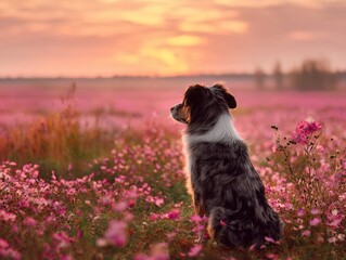 Australian shepherd dog sitting in pink flower field at sunset landscape photo