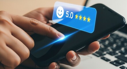 Digital Feedback: A close-up shot features a hand interacting with a smartphone screen, revealing a digital feedback form, a shining example of positive customer satisfaction.