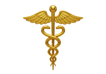 Isolated golden caduceus medical symbol with two snakes entwined around a winged staff, symbolizing medicine and healthcare, representing healing, physicians, and the medical profession