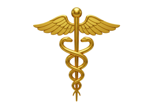 Isolated golden caduceus medical symbol with two snakes entwined around a winged staff, symbolizing medicine and healthcare, representing healing, physicians, and the medical profession