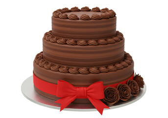 Isolated Chocolate Fudge Three-Tiered Celebration Cake with Red Ribbon and Chocolate Roses on a Silver Cake Stand
