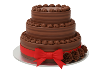 Isolated Chocolate Fudge Three-Tiered Celebration Cake with Red Ribbon and Chocolate Roses on a Silver Cake Stand