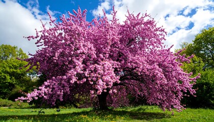Obraz premium A magnificent cherry blossom tree, laden with vibrant pink flowers, casts a beautiful shade on a grassy lawn under a partly cloudy sky.