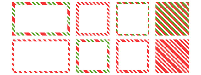 Holiday striped cane border set. Bright Christmas frames. Rectangle, and square shapes in red and green lollipop style.