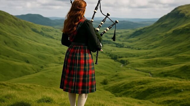 Red-haired woman in a traditional Scottish tartan kilt, holding bagpipes, stands on a hillside overlooking the majestic green valleys of the Scotti...