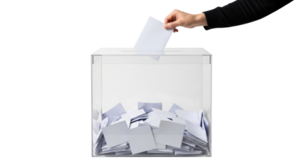 Hand casting a vote into transparent ballot box