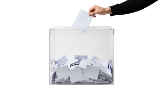 Hand casting a vote into transparent ballot box  

