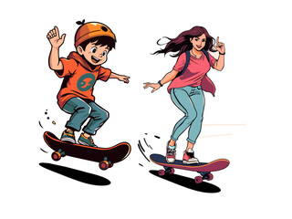 Boy and girl skateboarding together vector illustration