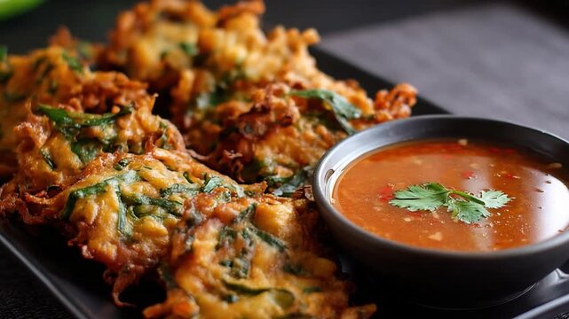 Golden Delights: An inviting tableau featuring delectable, golden-fried fritters served with a vibrant, flavorful dipping sauce, perfect for a culinary exploration. 
